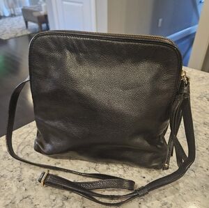 Banana Republic Double Pouch Crossbody Leather Adjustable Strap Lined BLACK